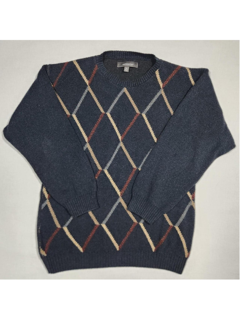 Croft & Barrow navy blue argyle sweater with beige, red, and gray diamond patter